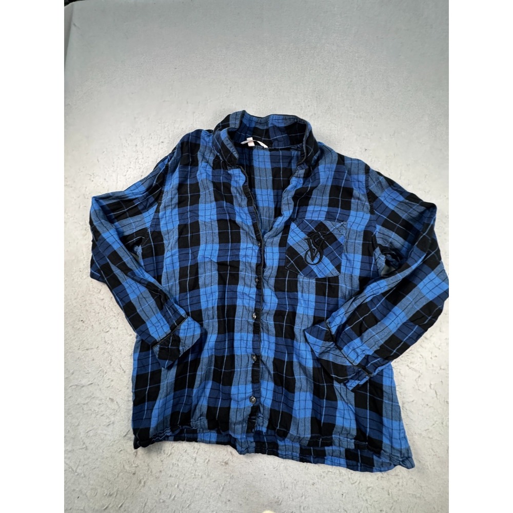 Victoria’s Secret Flannel Pajama Top Womens M Blue Plaid Long Sleeve Sleep Shirt